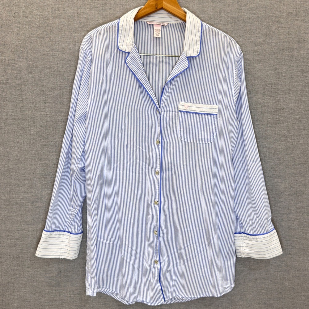 Victorias Secret Blue White Striped Sleep Shirt Long Sleeve Button Up Small